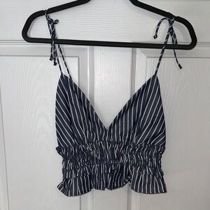 Navy Striped Ruffle Crop Top